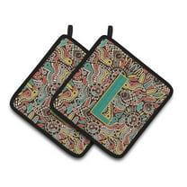 Letter L Retro Tribal Alphabet Initial Pair of Pot Holders
