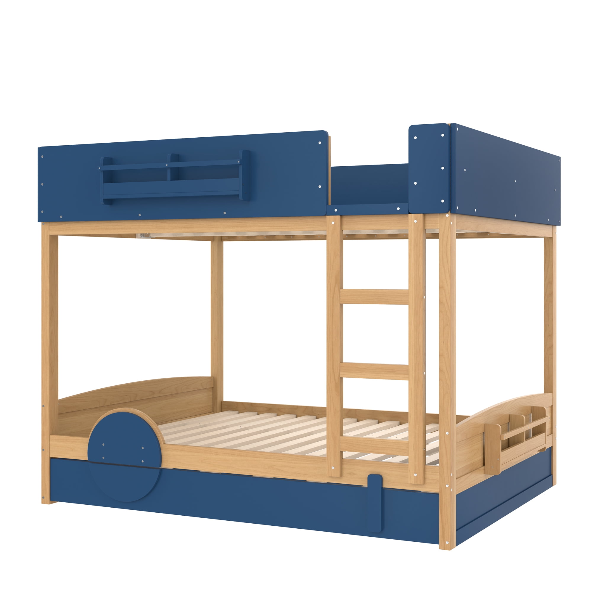 Mintazer Queen Over Queen Car Themed Bunk Bed with Trundle & Bookshelf, Modern Bunk Bed with Guardrail for Kids, Natural & Blue