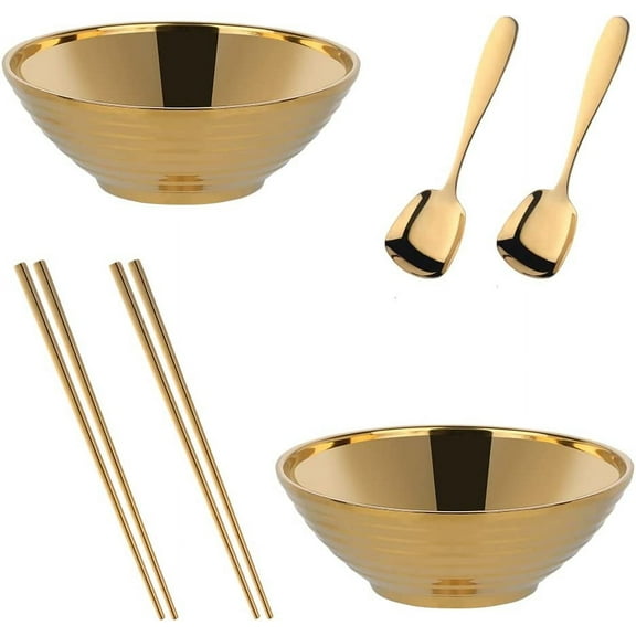 Japanese Ramen Noodle Soup Bowl Sets,2 Sets (8 inch) Gold Double Layer 18/8 Stainless Steel Bowl Sets with Chopsticks and Spoons