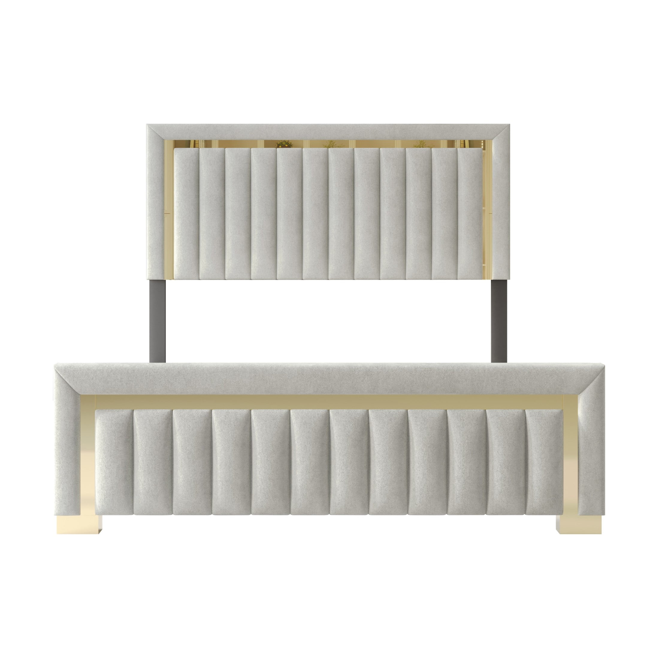 Home Design Olathe Full Upholstered Panel Bed Frame with Channel-Tufted Headboard and Gold Acrylic Strip Accents, Light Gray, Easy Assembly