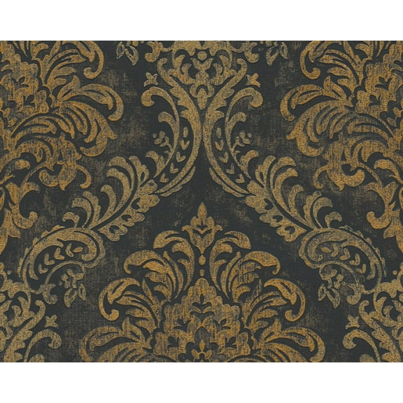 Concord Wallcoverings Modern Textured Wallpaper Baroque, Classical, Vinyl Accent Wall, Black, Gold, Metallic, 21 in x 33 Ft (57 sq. ft), 391123
