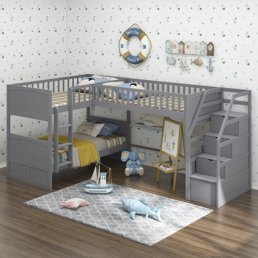 EUROCO Twin Size LShaped Wood Triple Bunk Bed with with 3 Storage