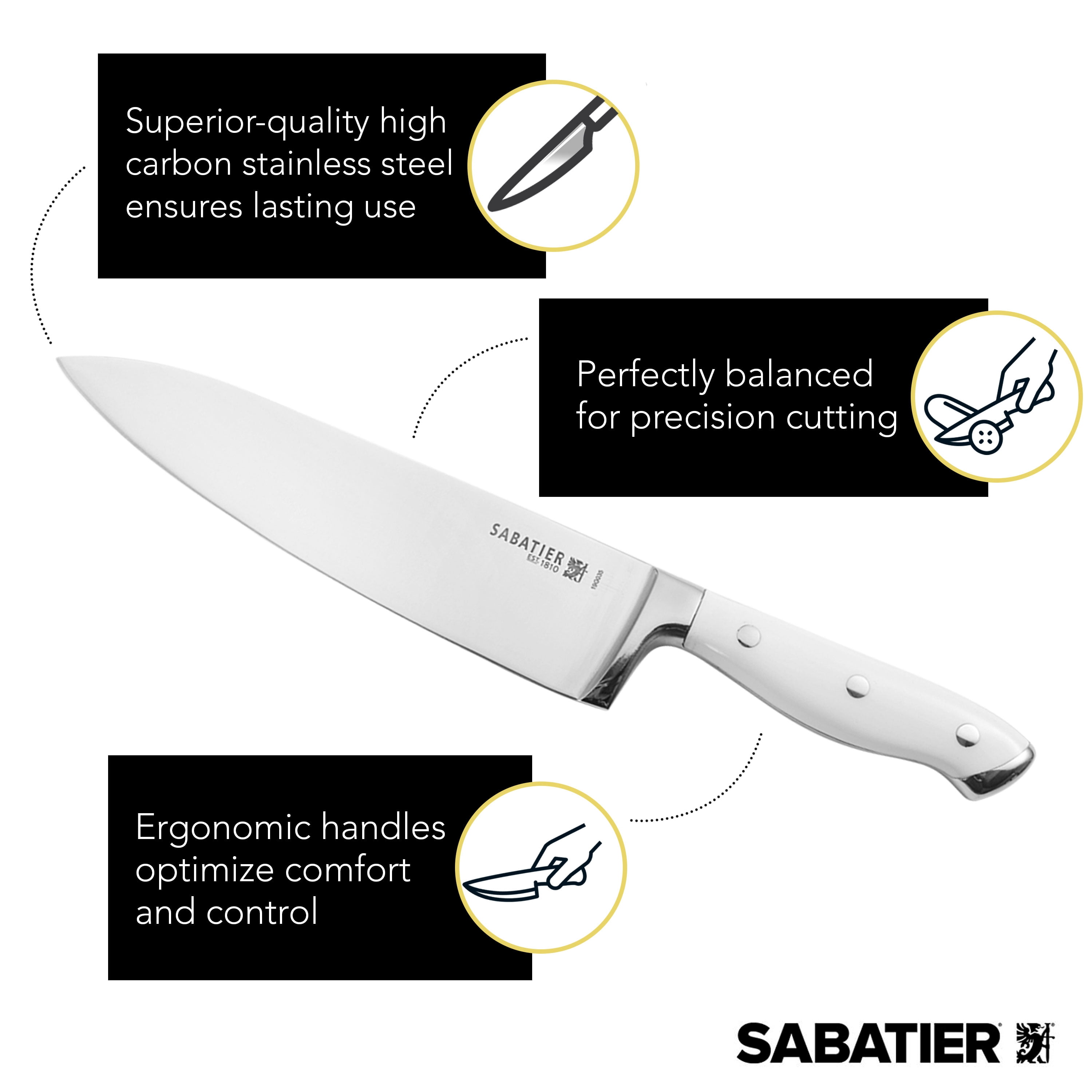 Sabatier 15 Piece Forged Knife Block Set with Acacia Wood Block, White Handles