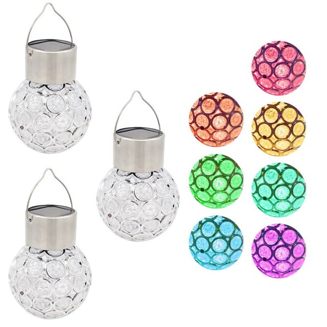 Paquete de 3 luces LED de decoración de jardín para el hogar, bodas y fiestas, luces de bola de cristal solares que cambian de color y con clasificación A+ de bajo consumo