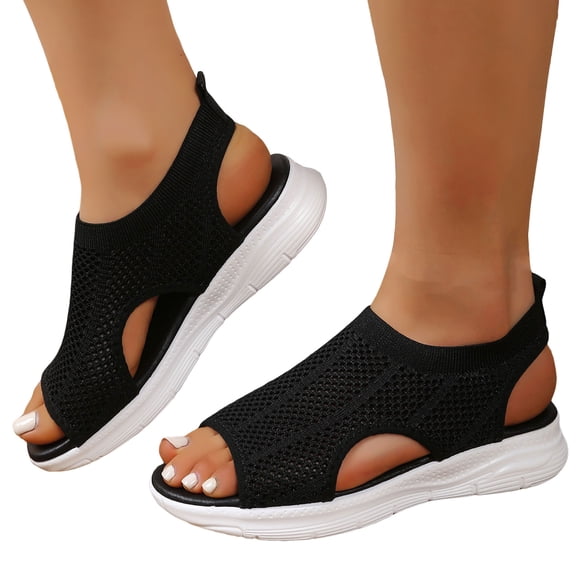 Rokment Womens Athletic Mesh Running Walking Nursing Tennis Sandals Lightweight Breathable Open Toe Orthopedic Slip on Sock Comfortable Memory Foam Casual Flat Summer Shoes Black Size 6.5