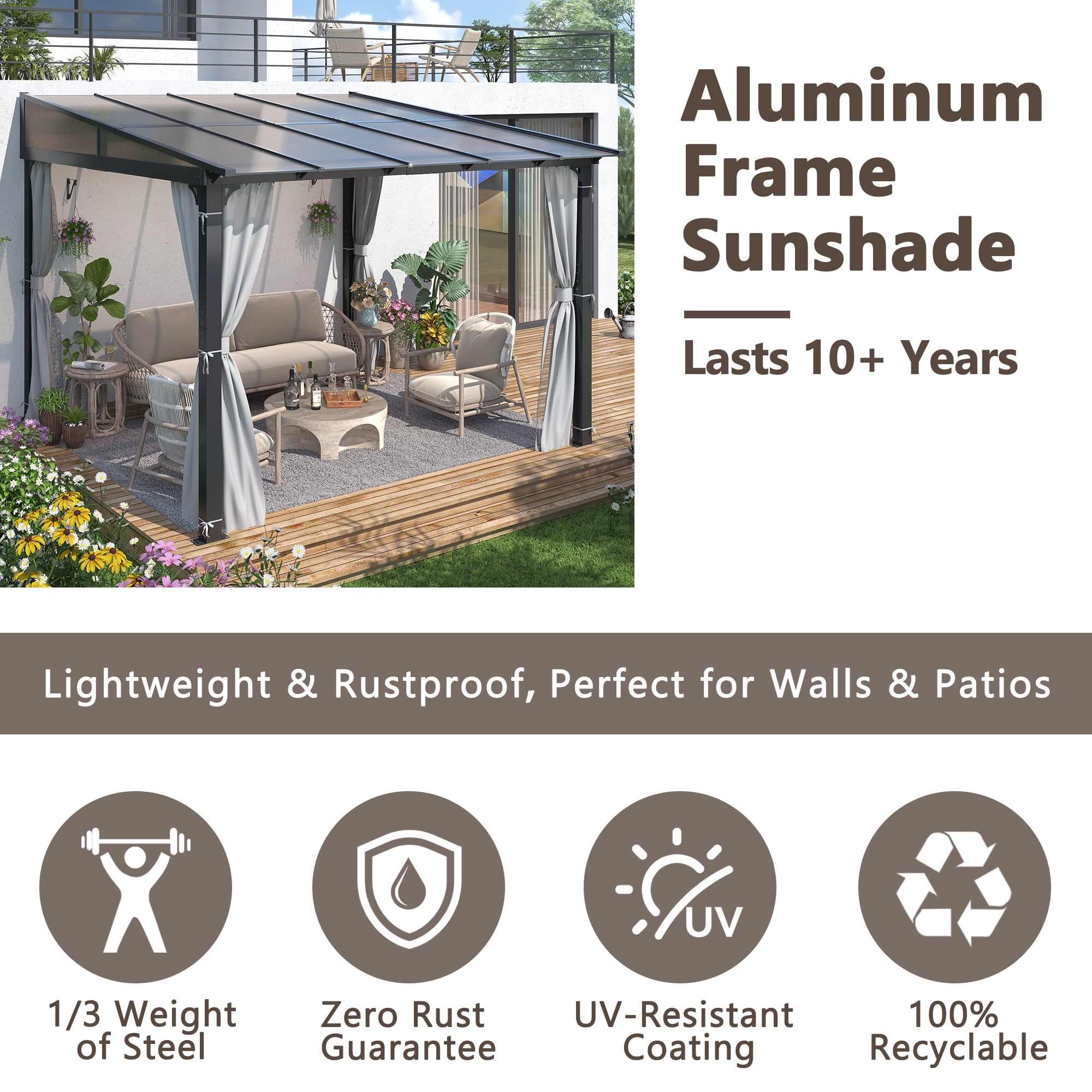 Howsvn 10x10 FT Wall-Mounted Aluminum Outdoor Patio Gazebo, Pop-Up Canopy Tent Instant Shelter with UV Protection & Waterproof Cover for Outdoor Events