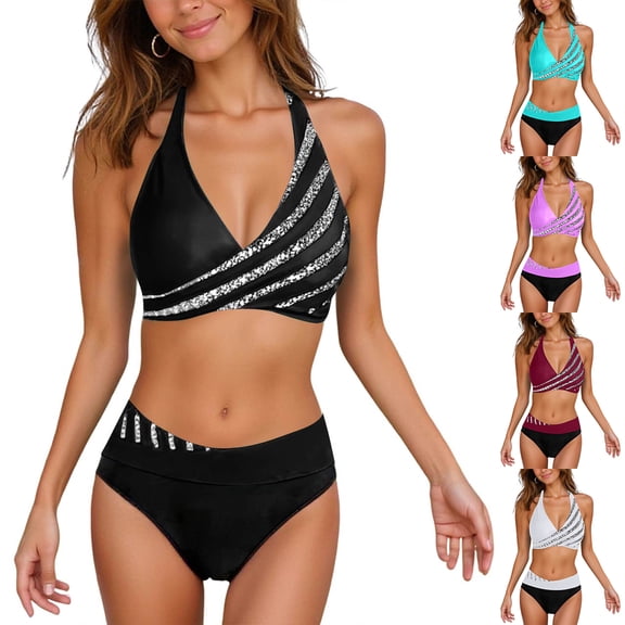 Women's Bikini Set Printed Two Piece Sexy Swimsuit with Removable Bra Pads No Underwire Tie Side for Beach Vacation,Black,L