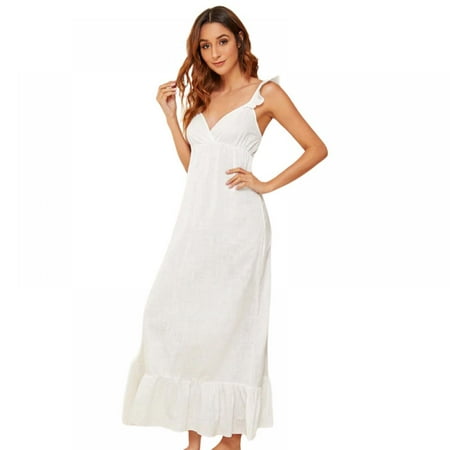 

BRAND PROMOTION! Women Cotton Sleeveless Nightgowns Deep V-neck Maxi Nightdress Cute Ruffled Spaghetti Straps Sleep Dress Loose Pajama Sleepwear