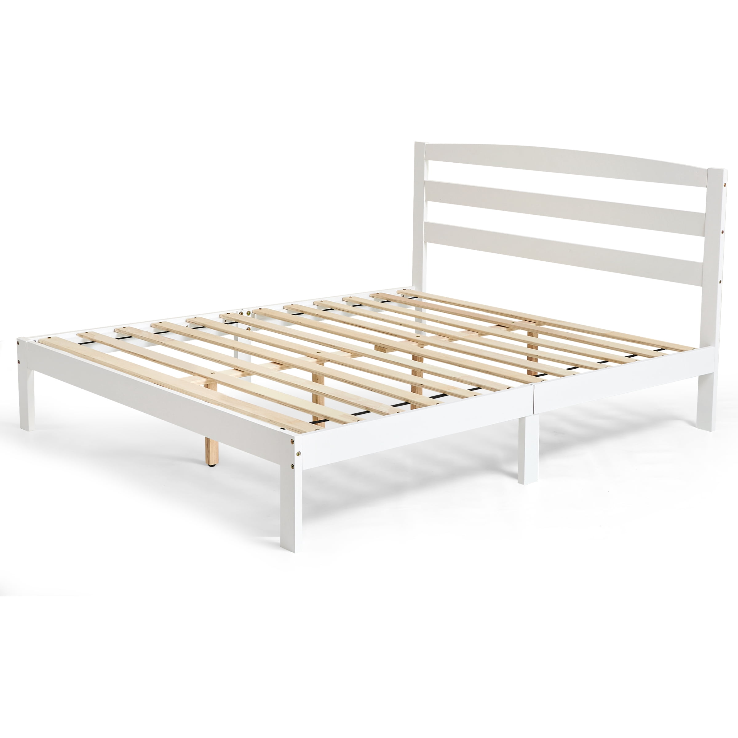Full Bed Frame, Wood Bed Platform with Headboard, No Box Spring, White