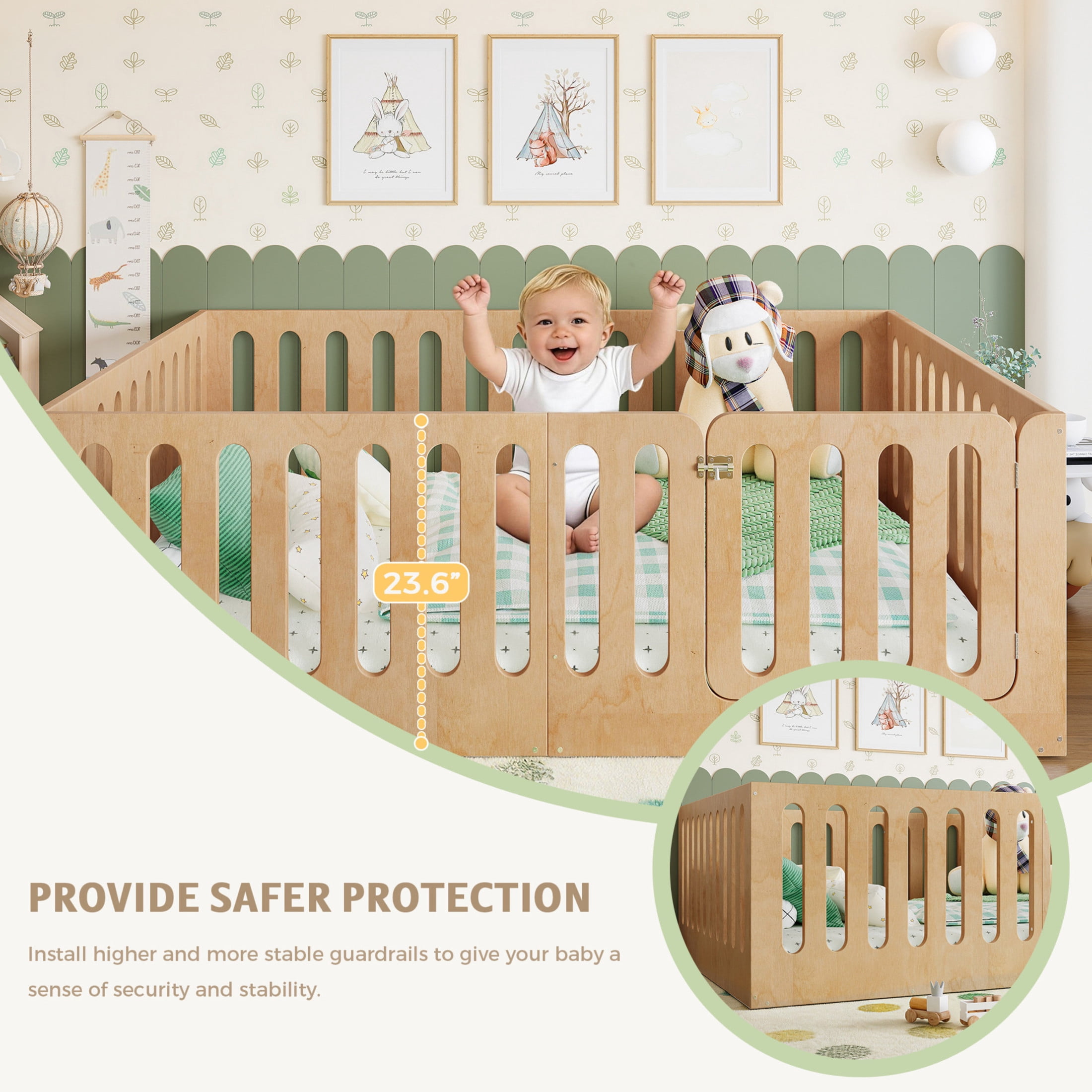 Noble House Full Size Montessori Floor Bed with High Fence, Solid Wood Kids Bed Frame, Natural