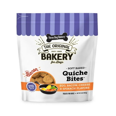 Three Dog Bakery Quiche Bites, Egg, Bacon, Cheese and Spinach Flavored Soft Baked Dog Treats, 25 oz.