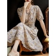 thumbnail image 4 of Lace-up Marigold Print V-neck Puff Short Sleeves Dress, Beige, Medium, 4 of 5