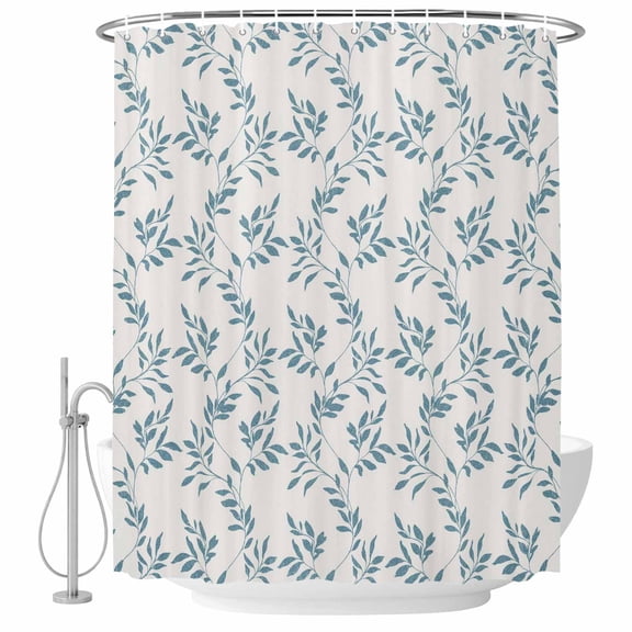 Small Stall Shower Curtain 36x72 Inch Narrow Half Size Blue Leaves Bath Curtains Bathroom Decor, Modern Minimalist Leaf Botanical Vintage Waterproof Fabric Shower Curtain Set with Hooks 36 Inch