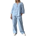 thumbnail image 2 of Womens Cotton Linen 2 Piece Sets V Neck Button Down Long Sleeve Shirt Wide Leg Trouser Sets with Pockets Light Blue 5XL, 2 of 7