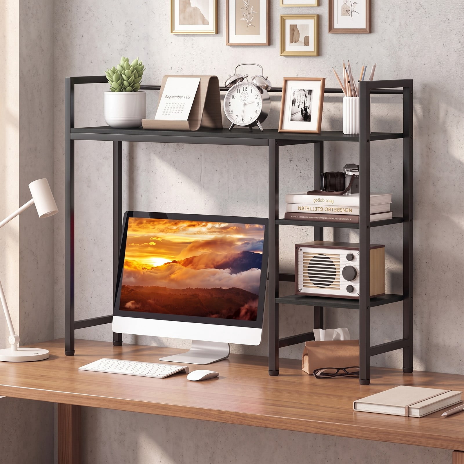 Furnibear Desktop Bookshelf 38.5 Inch Wide Storage Display Rack with Metal Frame, Countertop Bookcase Organizer for Home Office Desk, Living Room and Bedroom, Black