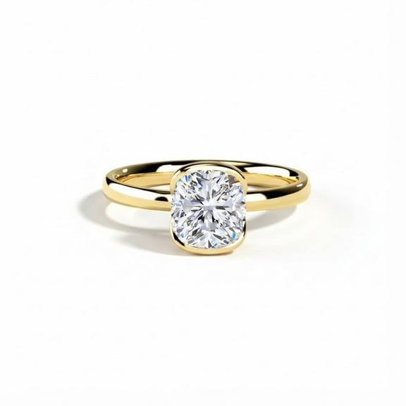 Bezel Set 1.5 Ct Cushion Cut Moissanite Engagement Ring 14k Yellow Gold Plated Modern Solitaire Minimalist Bridal Ring for Women