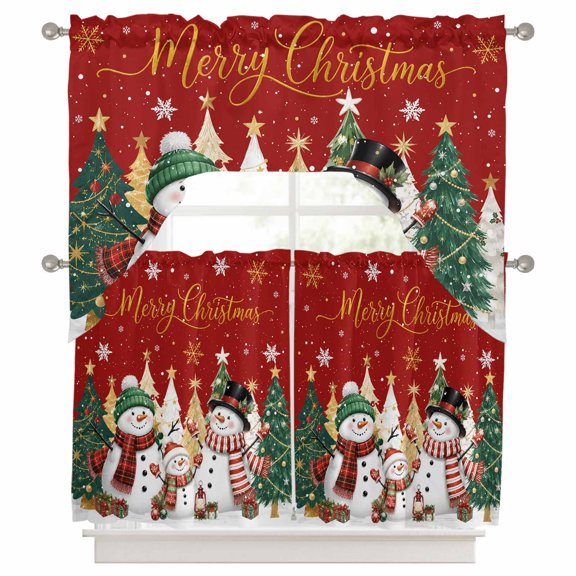 Merry Christmas Swag Curtains Valance and Tier Set, Winter Xmas Tree Snowman Family Snowflakes Stars Swag Curtains Drapes Rod Pocket for Kitchen Bathroom Small Window, 3 Pieces 56x36in 27.5x24*2