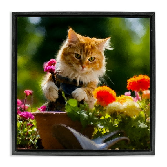 Stupell Industries Spring Gardener Kitten Animals & Insects Painting Black Floater Framed Canvas Art Print Wall Art, 18 x 18