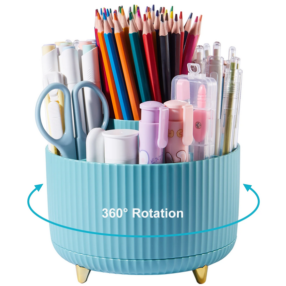 Desk Organizer,360 Rotating Plastic Desk Pen Organizer with 5 Slots,Dual-Purpose Art Supply Pencil Cup for Office,Home（Blue）