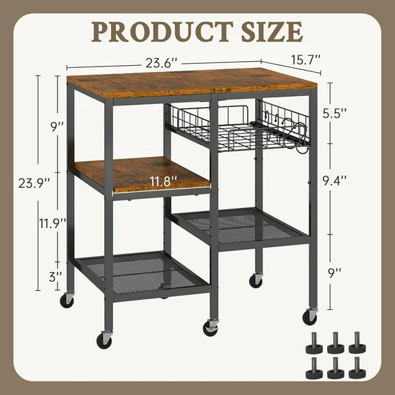 4-Tier Kitchen Microwave Cart with Wheels, Adjustable Microwave Stand with Storage, Mobile Baker's Rack & Rolling Coffee Cart for Kitchen Island, Office, Living Room