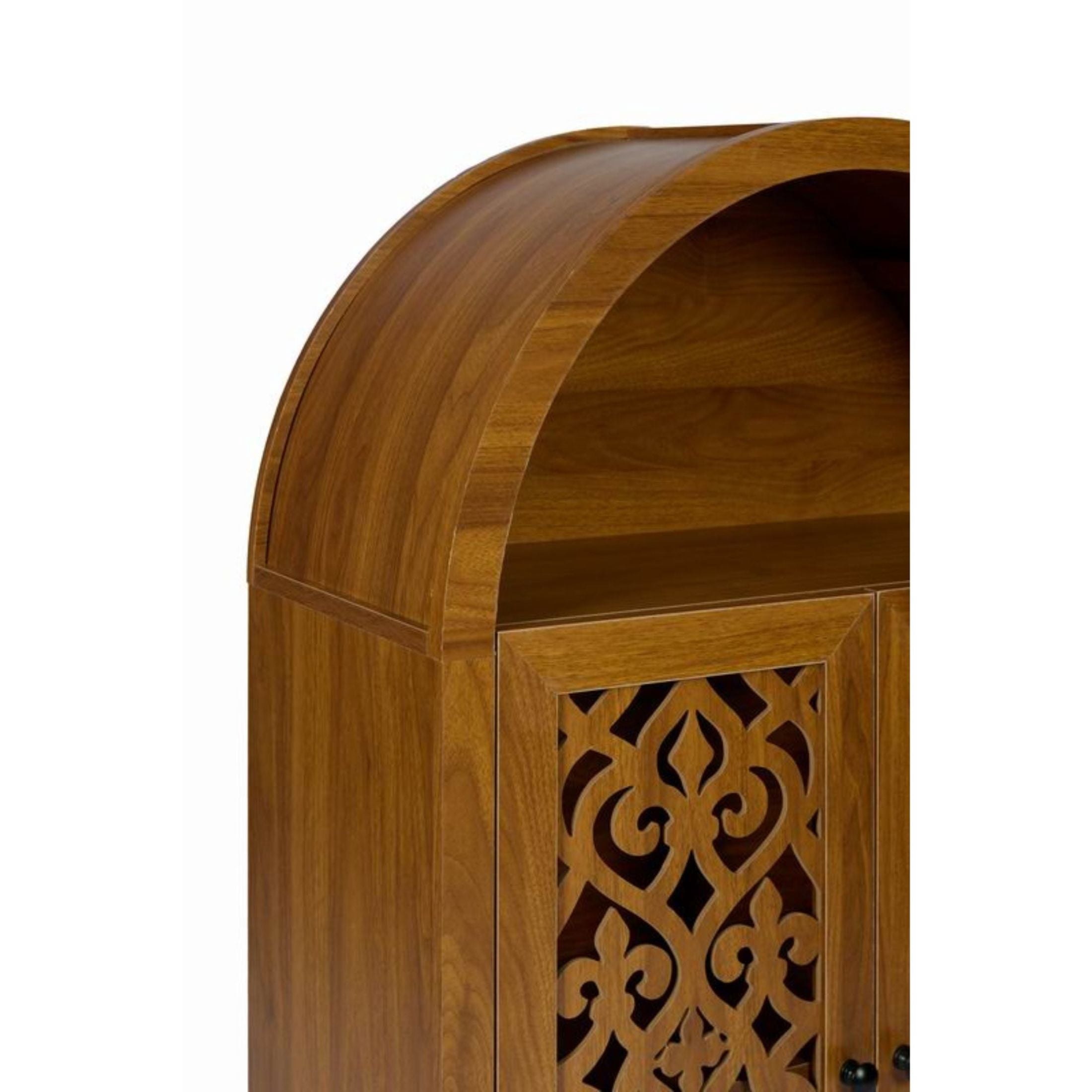 Noble House 44" Hand-Carved Arched Storage Cabinet with 2 Doors and Open Shelf, Walnut