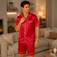 thumbnail image 2 of SONXAHE Couple 2‑Piece Satin Pajama Set Button Up Short Sleeve Top Elastic Waist Shorts Smooth Sleepwear, 2 of 9