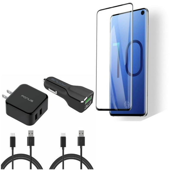 Galaxy S10  USB Cable Fast Home Car Charger w Tempered Glass Screen Protector - Type-C 6ft Long Travel, [Fingerprint Works] 3D Curved Edge Full Cover for Samsung Galaxy S10