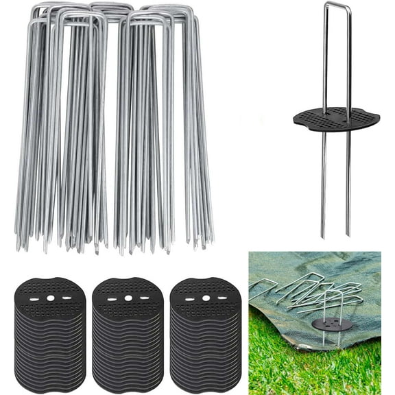 GIXUSIL 50 Set Landscape Staples and Black Gaskets, 6 in Gauge Galvanized Steel Garden Staples with Black Pads,Landscape Pins Turf Staples for Securing Weed Barrier Artificial Grass
