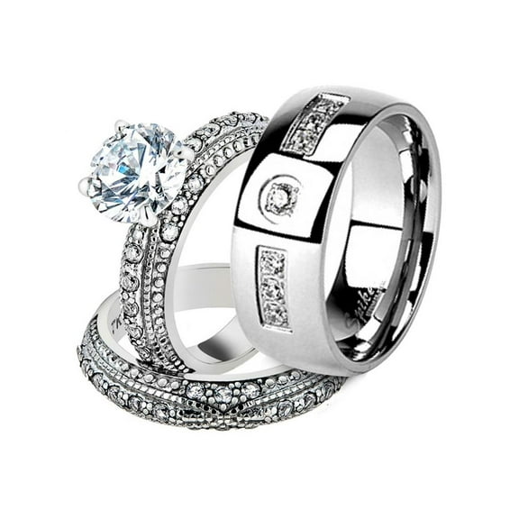 His and Her Stainless Steel 3.25 Ct Cz Bridal Ring Set and Men Zirconia Wedding Band Women's Size 10 Men's Size 06