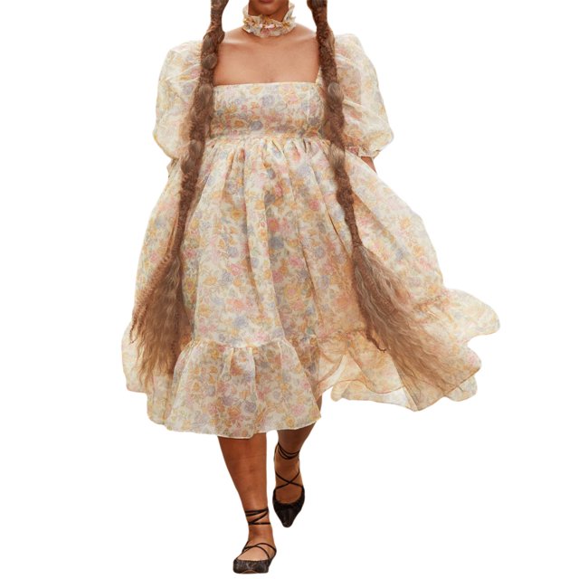 SAYOO Vestido de Mujer, Cuello Cuadrado con Volantes de Verano, Manga Corta abullonada, de una Pieza SAYOO Moda