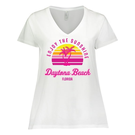 Inktastic Summer Enjoy the Sunshine Daytona Beach Florida in Pink Women's Plus Size V-Neck T-Shirt