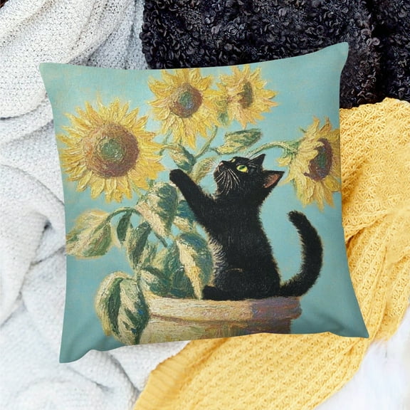 ZFLMY Floral Black Cat Pillow Covers  Cats Lovers Mom Grandma Gifts for Mother's Day, Funny Sunflower Black Cat Art Pillow Covers for Home Bedroom Living Room Office Decor 18x18in