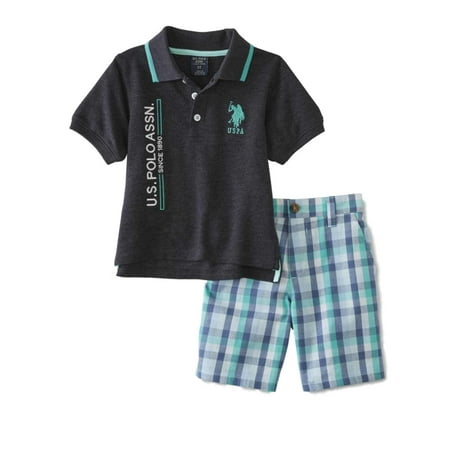 US Polo Assn Infant & Toddler Boys Gray & Teal Polo Baby Outfit Blue Plaid Set