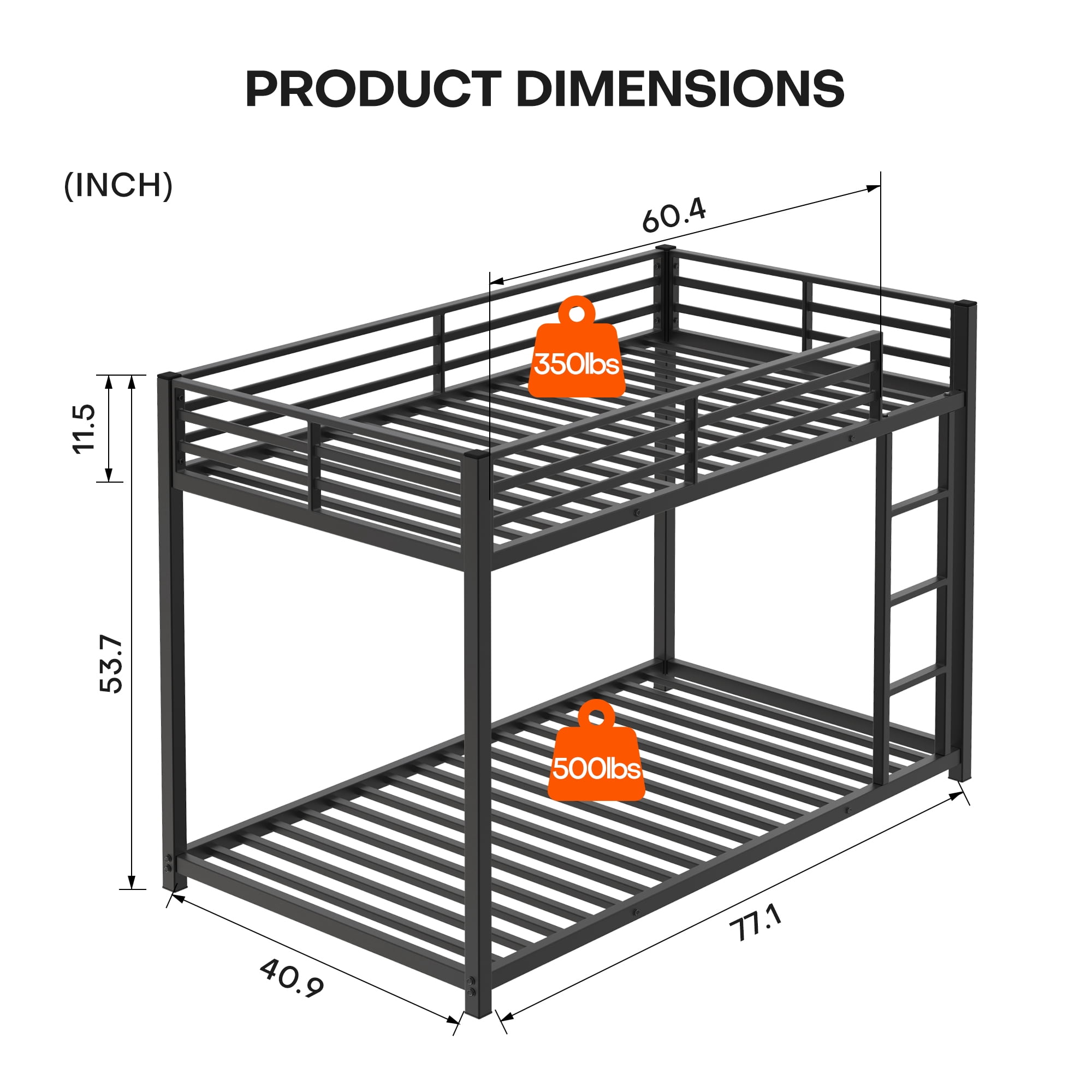 Twin Over Twin Metal Bunk Bed with Ladder, Low Profile Bunk Bed Frame, Sturdy Steel Construction with Full Length Guardrail for Bedroom, Guest Room, Black