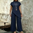 thumbnail image 2 of AHTJRT 2 Piece Set for Women Mock Neck Short Sleeve Asymmetric Tops and Baggy Wide Leg Dressy Pants Casual Outfits Navy S, 2 of 7