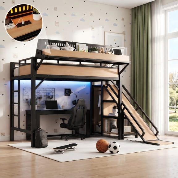Aukfa Twin XL Loft Bed with Slide, Shelves, Wardrobe, USB Ports & LED Lights, Heavy-Duty Metal Bed Frame for Kids Teens Adults, Natural