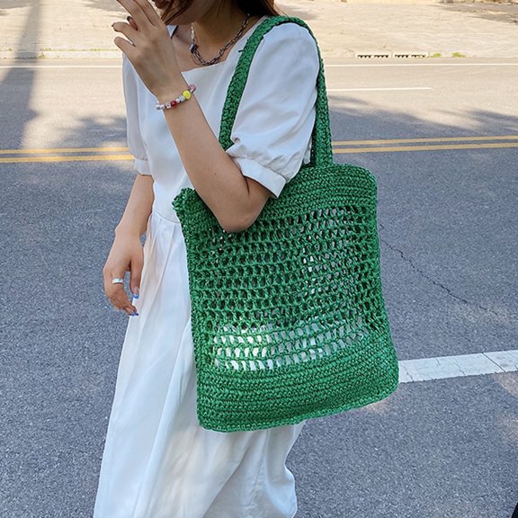 Lilgiuy Handmade Straw Bag,Travel Beach Fishing Mesh Bag, Straw Woven Bag Female Style Weaving Hollow Shoulder Bag for 2022