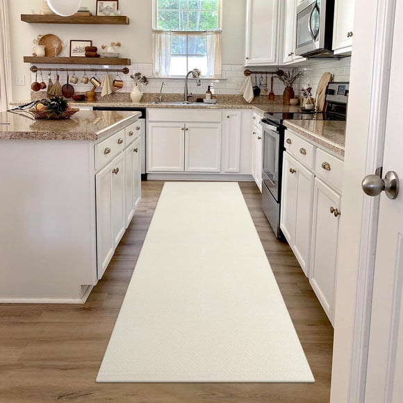 Alfombra LEEVAN Hallway Runner, 79 x 244 cm, color crema, lavable y reversible