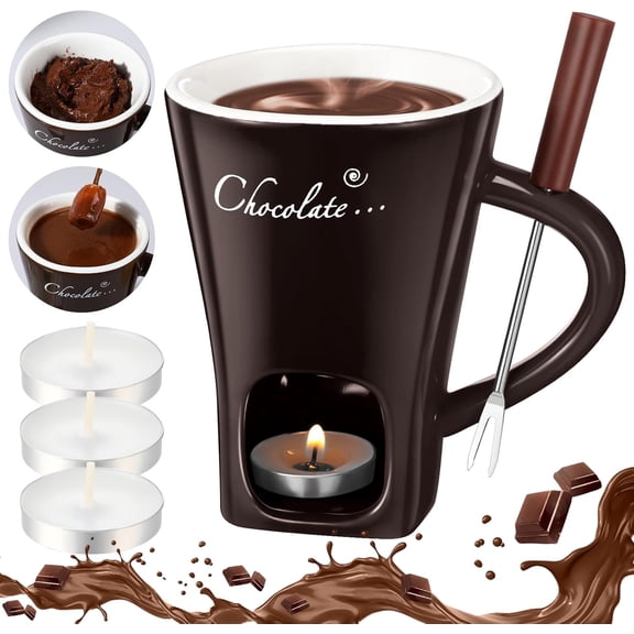 Chocolate Fondue Mug with Fork & Candle, Sweet Ceramic Personal Melting Pot for Chocolate & Cheese, Ideal Gift for Date Night & Birthdays