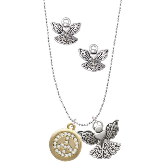 Delight Jewelry Goldtone Disc with Crystal Peace Sign Silver tone Guardian Angel Charm Necklace and Stud Earrings