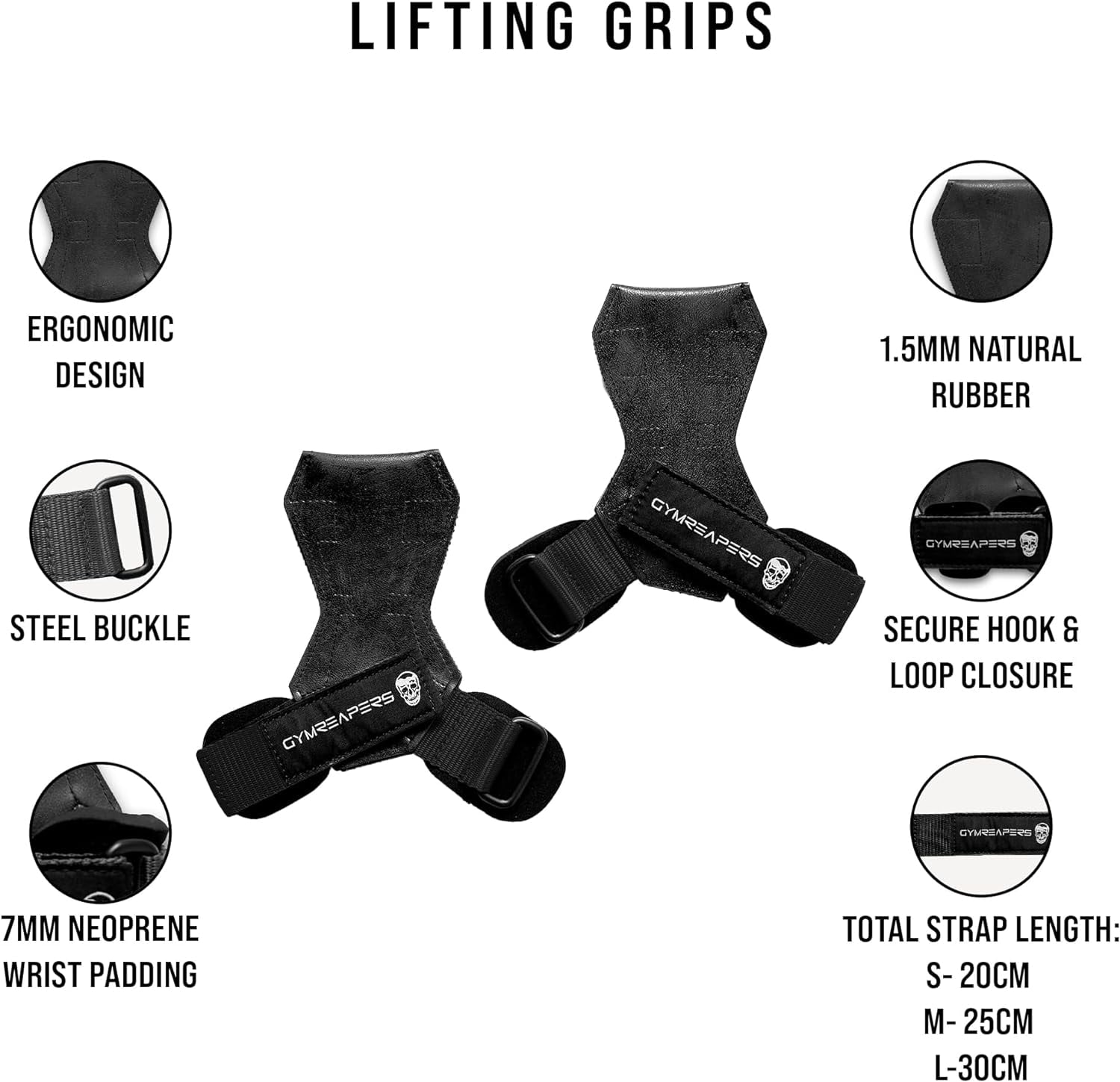 Gymreapers Weight Lifting Grips (Pair) for Heavy Powerlifting, Deadlifts, Rows, Pull Ups, with Neoprene Padded Wrist Wraps Support and Strong Rubber Gloves or Straps for Bodybuilding (Black, Medium)