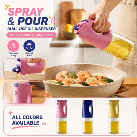 400ml Clear Glass Dual Function Oil Dispenser, Fine Mist Sprayer & Spout Pour Bottle for Cooking Baking Salad Dressing