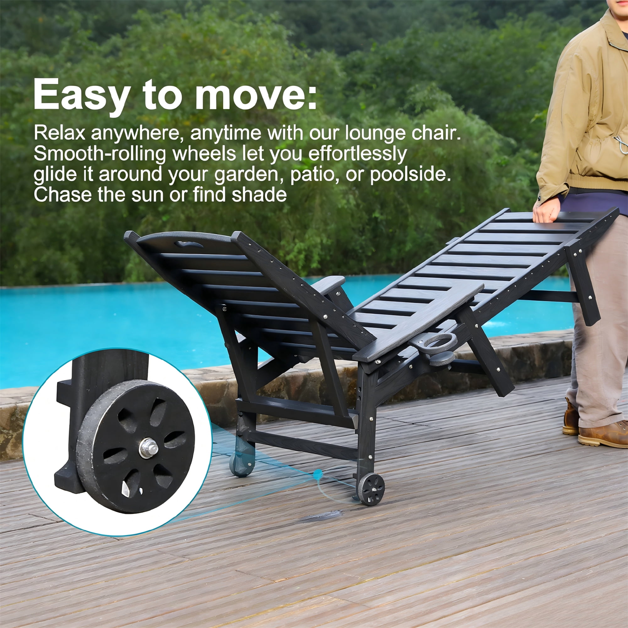 Aukfa HDPE Outdoor Patio Chaise Lounge Chair w/ Cup Holder&Wheels, 360 LBS Capacity, Black