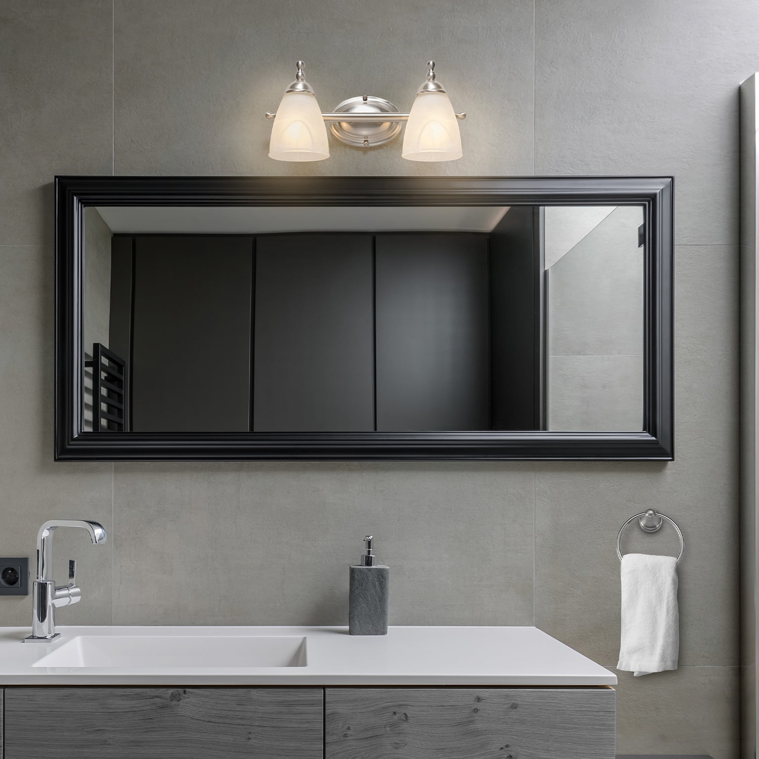 Globe Electric Satin Nickel Vanity Light Set with Alabaster Glass Shades