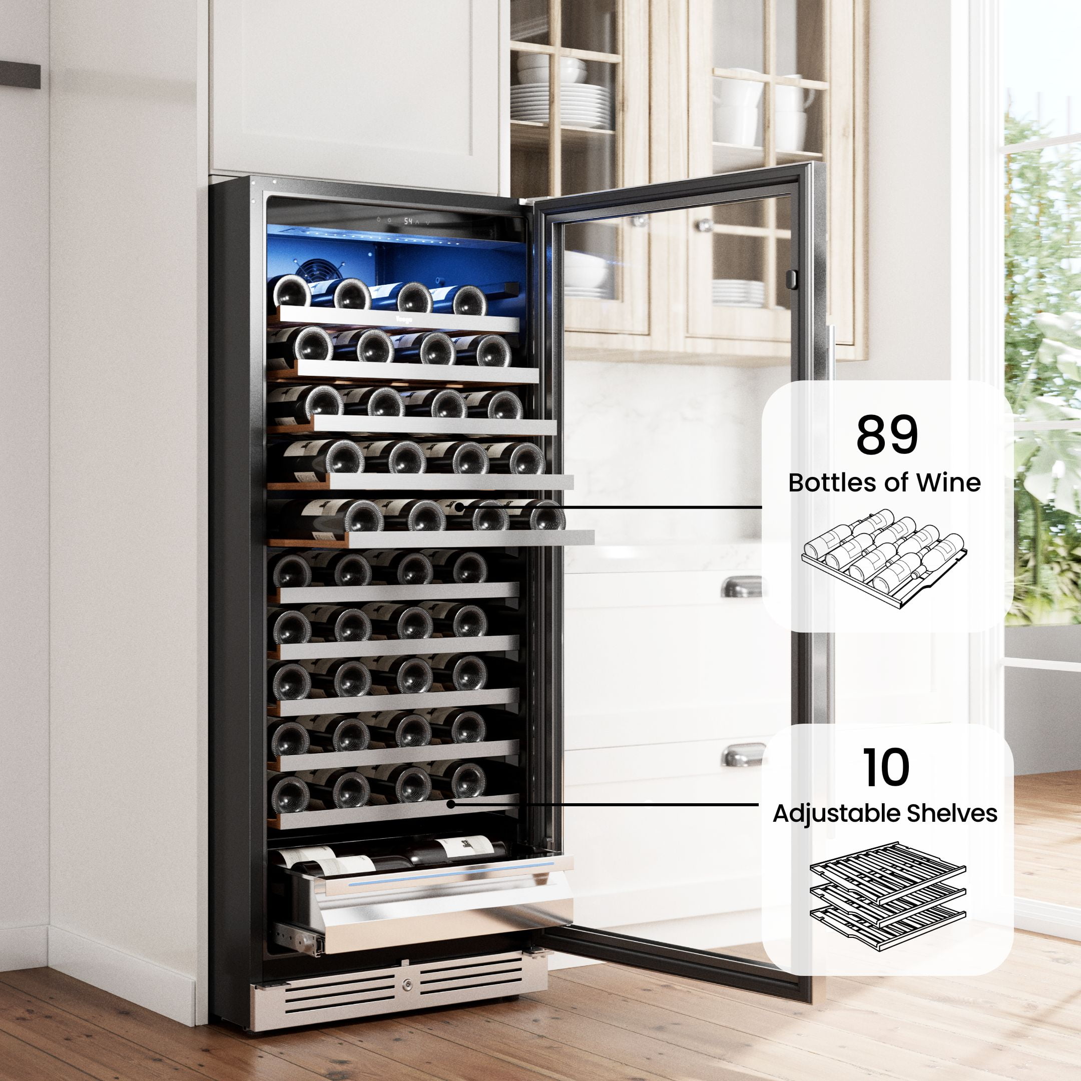 Yeego 24 inch Wine Cooler Refrigerator 89 Bottle Full Size Fridge with Stainless Steel Glass Door for Home/Bar, Built-in or Freestanding(Left-Opening)