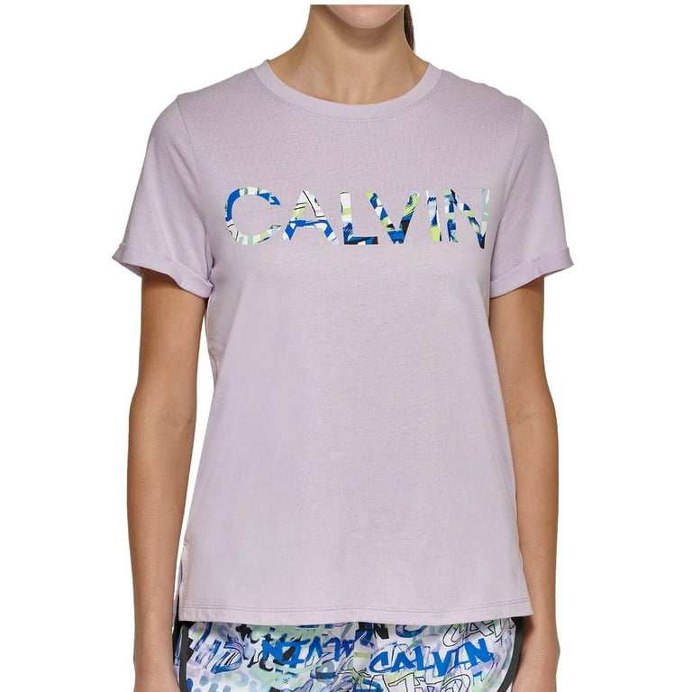 Calvin Klein Women's Soft Crew Neck Rolled Sleeve Graphic Logo T-shirt  (City Tag Orchid, XS)