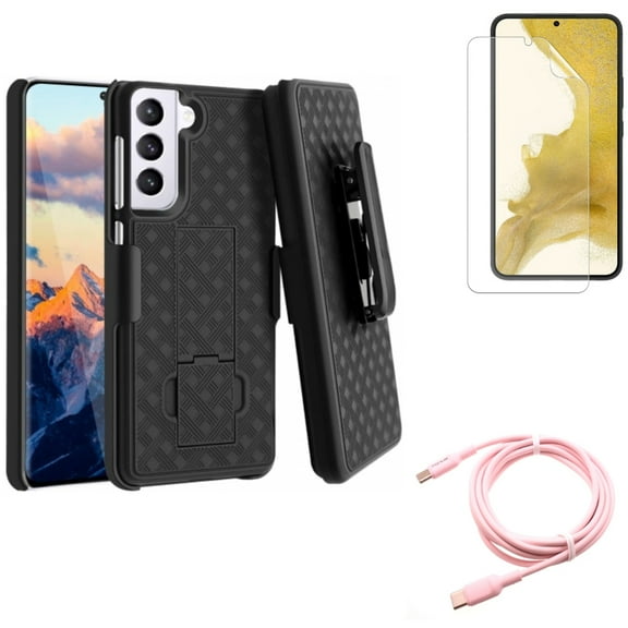 For Samsung Galaxy S21 (6.2") - Anti-Glare TPU Film Matte Screen Protector   Swivel Holster Case Belt Clip   PD Fast Charger USB-C to Type-C Pink 10ft Long Cable