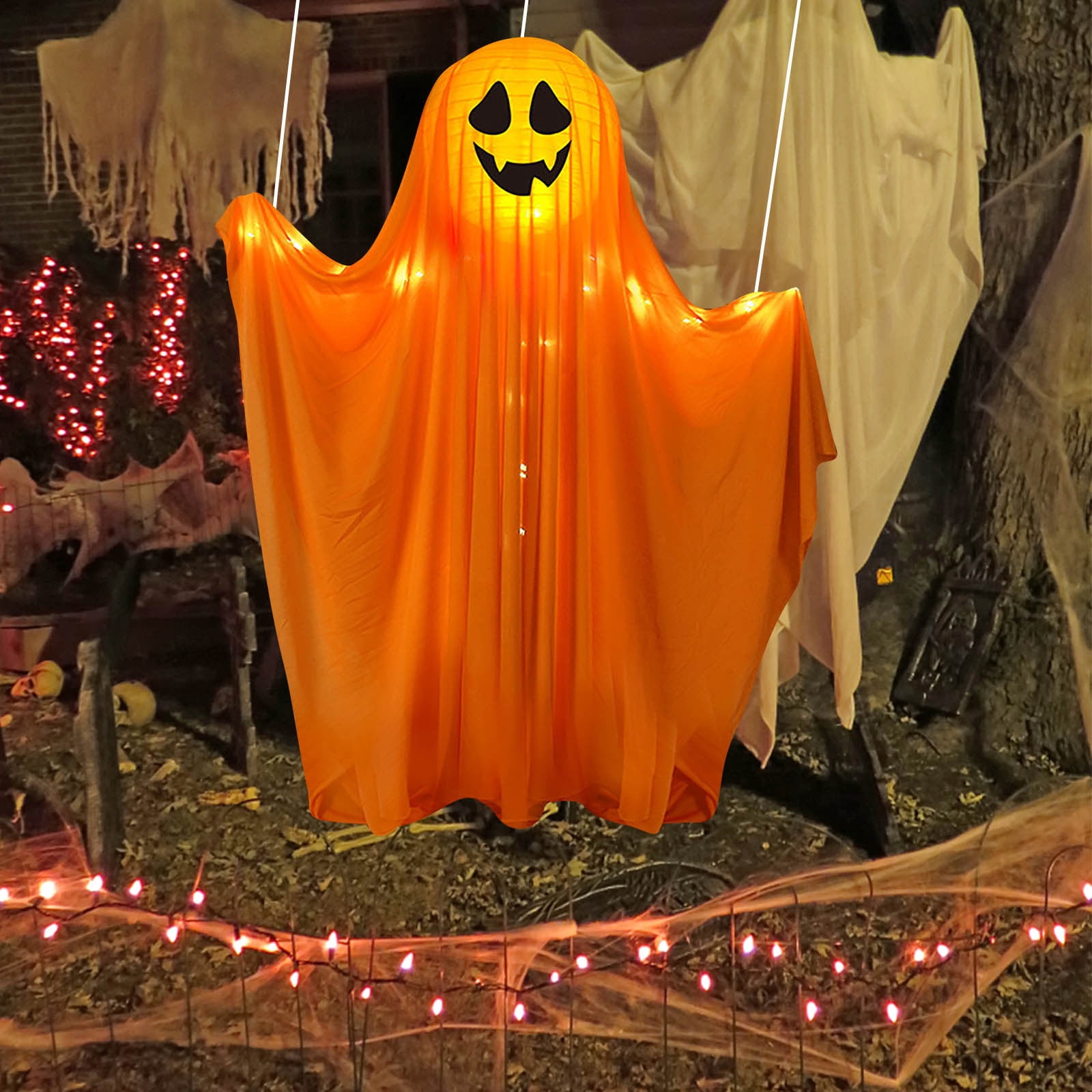 Manche à air fantôme d'Halloween avec lumières LED, 2 pièces, décoration à suspendre, pour