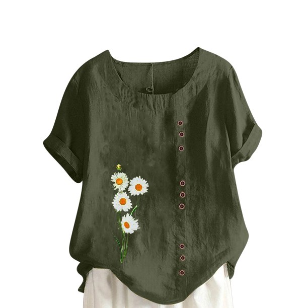 Camiseta suelta informal de verano con cuello redondo y manga corta con estampado de flores para mujer OAVQHLG3B Store lin121212