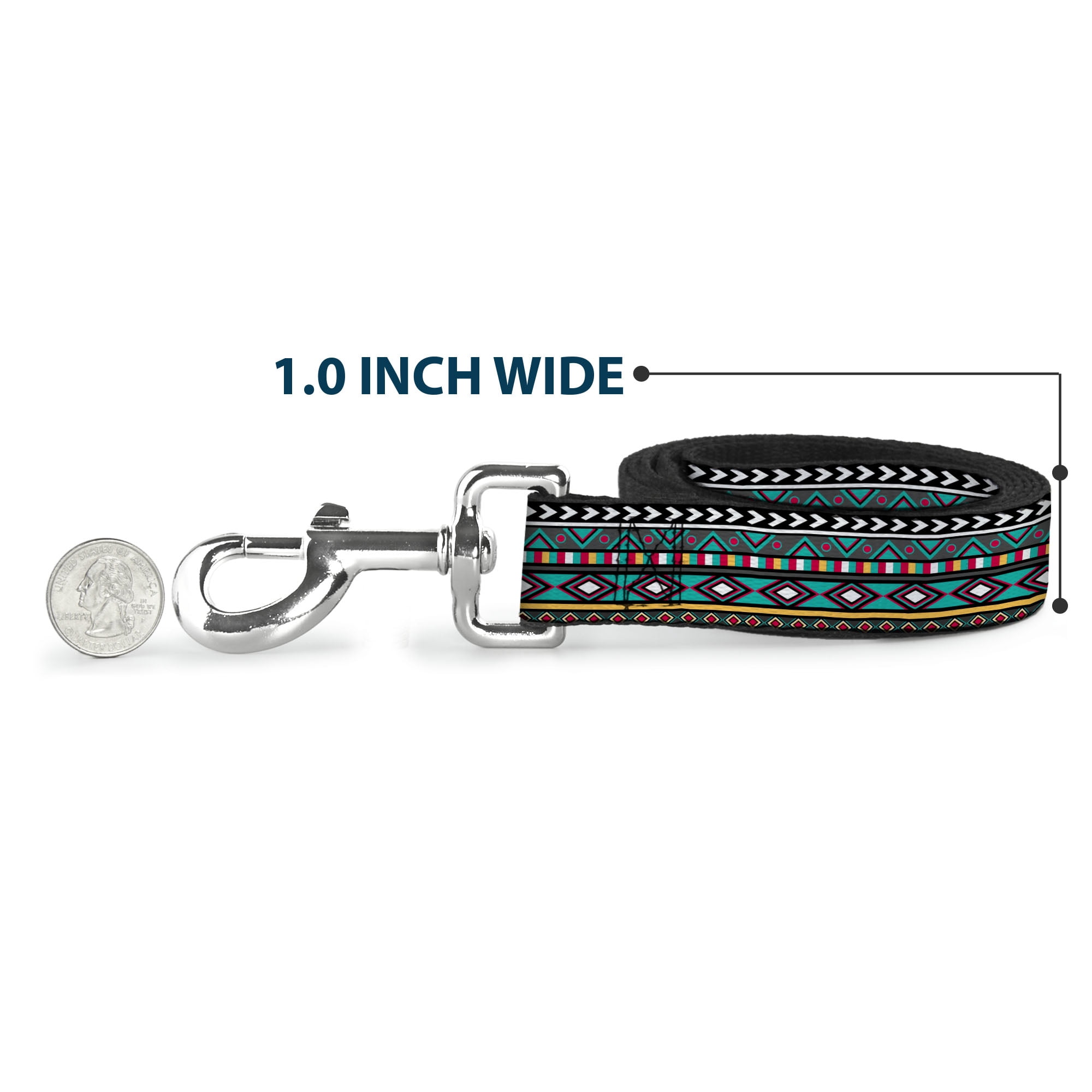 Buckle-Down Pet Leash, Dog Leash, Geometric Gray Teal White Pink Yellow, 6 Feet Long 1.0 Inch Wide